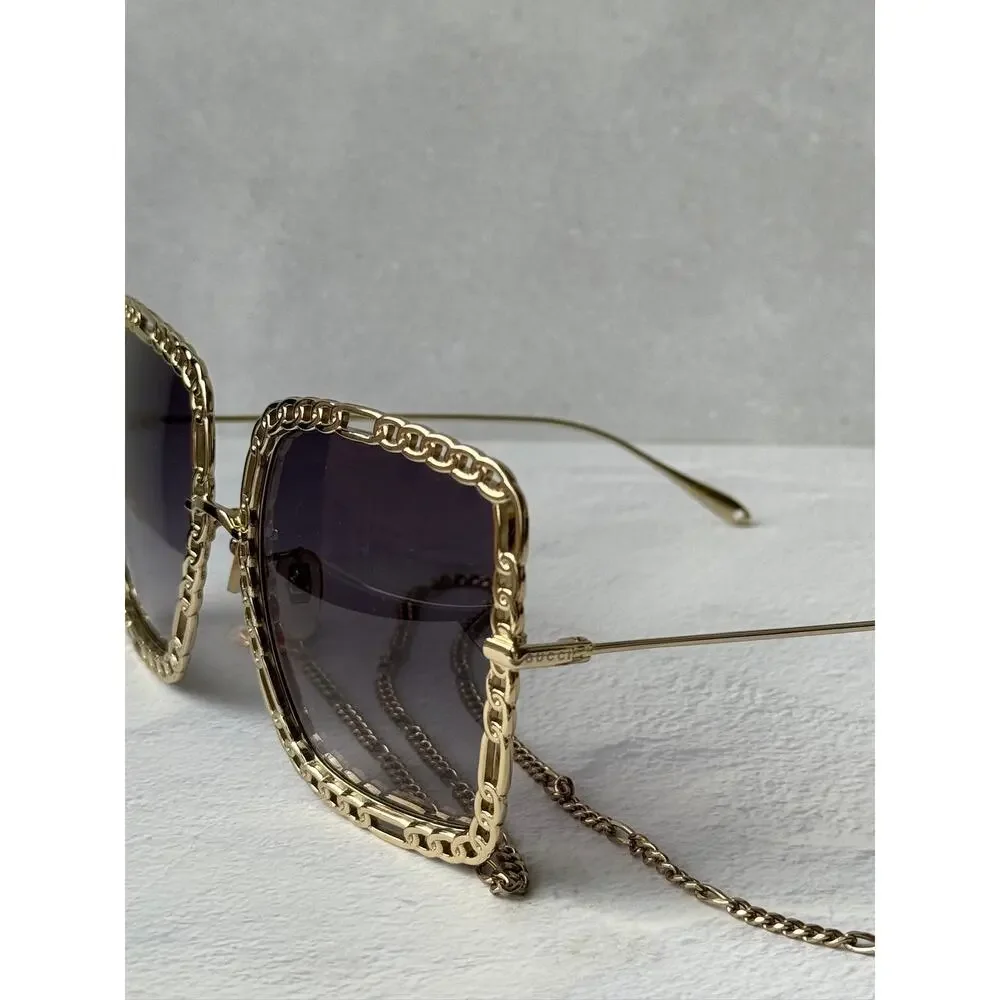 NEW Gucci GG1033S Oversized Gold Grey Lens Chain Sunglasses